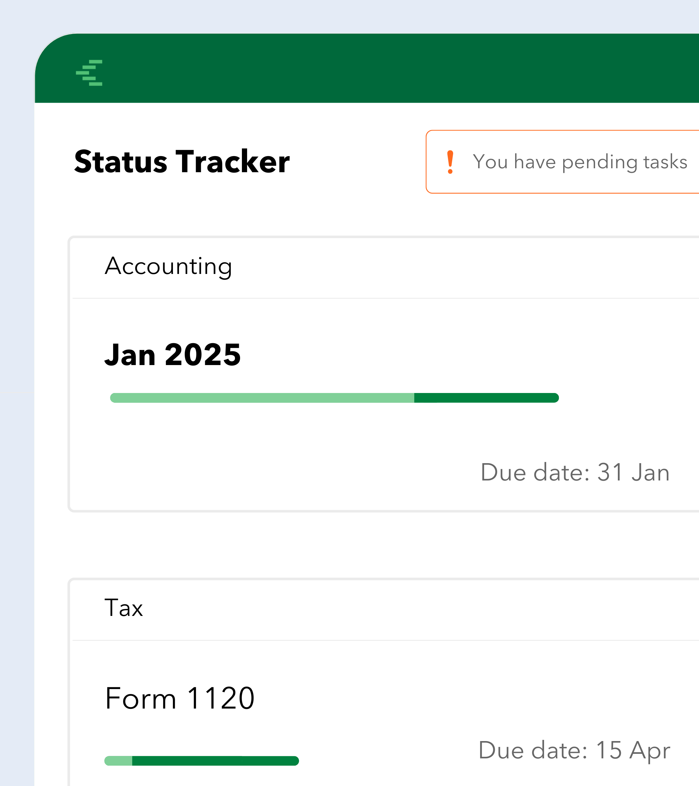 Get a dashboard view of a Status Tracker for accounting and tax tasks, showing progress bars, due dates, and pending tasks.