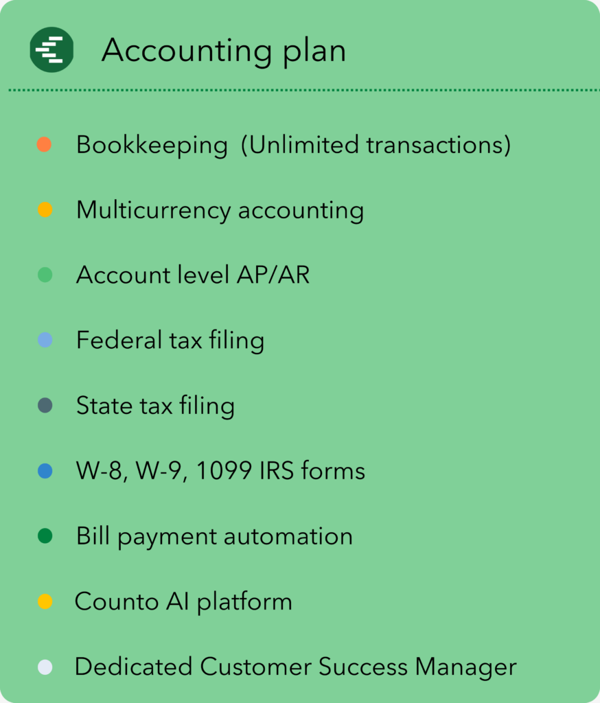 Your Counto accounting plan includes unlimited transactions, multicurrency accounting, corporate tax filing, and more.