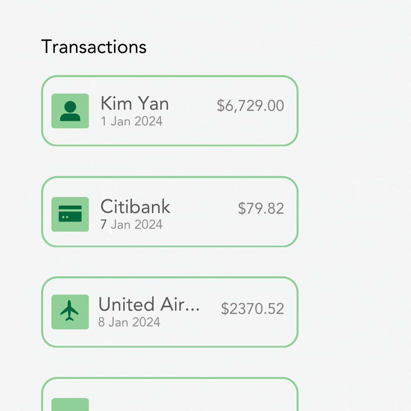 A GIF showcasing Counto BillPay’s automated transaction reconciliation. The animation displays a list of financial transactions being categorized and processed in real time, with icons representing different transaction types (e.g., person, bank, airline). This highlights Counto’s seamless integration with QuickBooks and Xero, ensuring every transaction is mapped and reconciled automatically—eliminating manual bookkeeping work for finance teams.