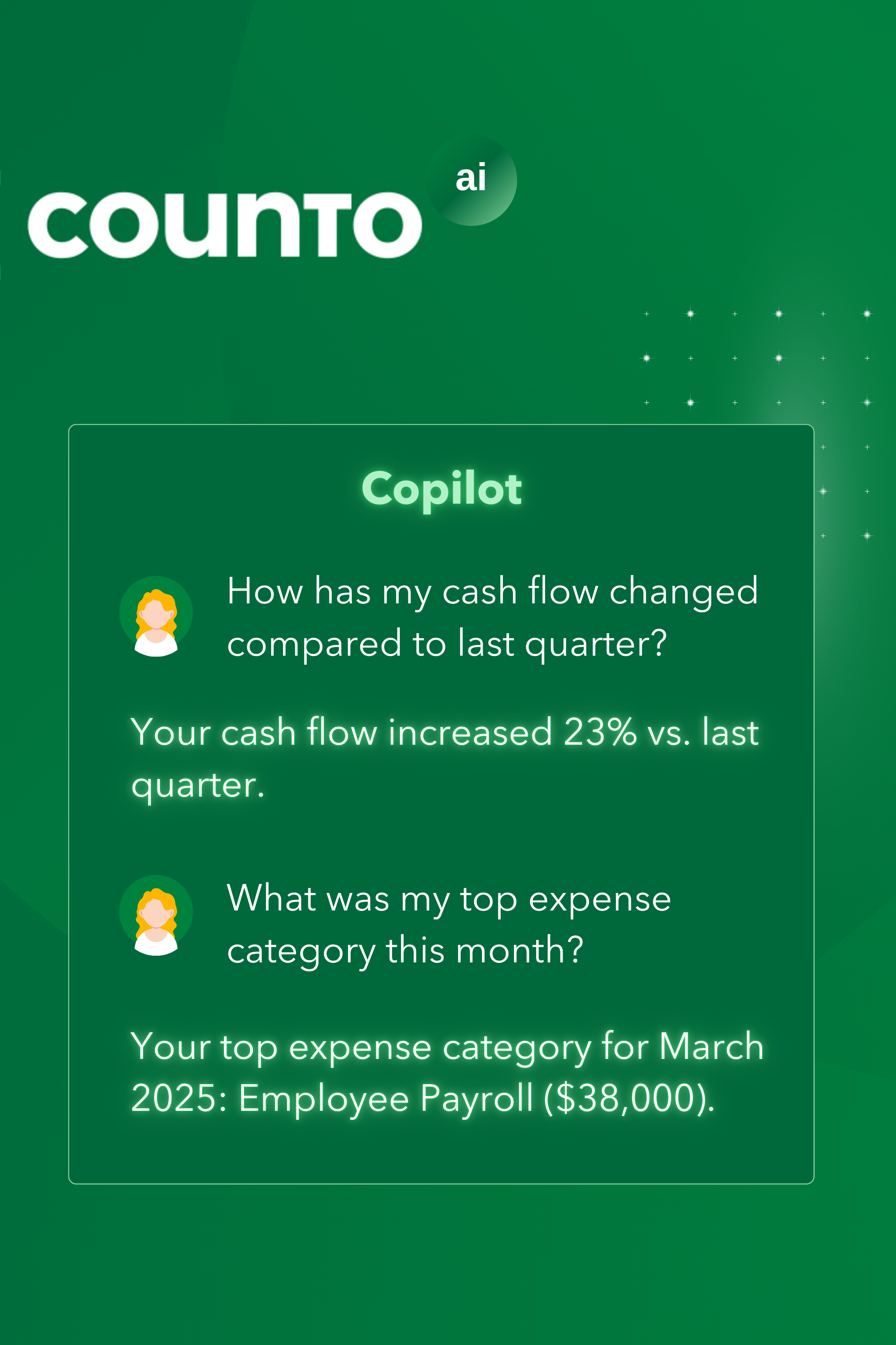 Counto AI Copilot interface showing a chat-based financial assistant. The screen displays user questions about cash flow and expenses, with AI-generated responses providing insights into cash flow changes and top expense categories.