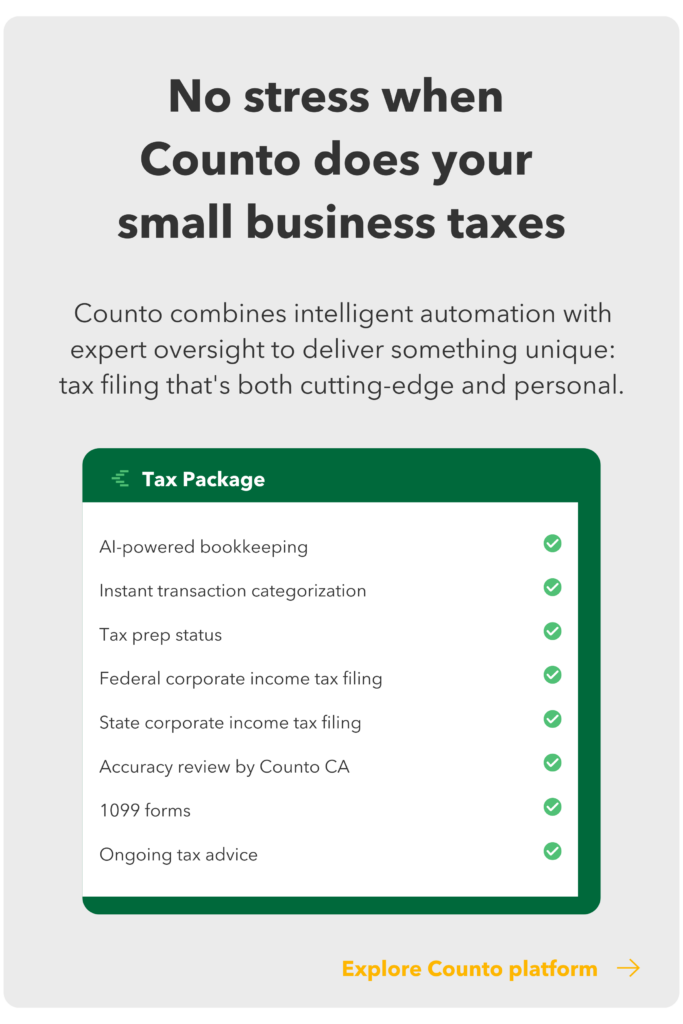 Counto tax service banner highlighting stress-free small business tax filing. The section emphasizes a combination of intelligent automation and expert oversight. A checklist under 'Tax Package' lists features like AI-powered bookkeeping, transaction categorization, federal and state corporate tax filing, accuracy review, 1099 forms, and ongoing tax advice.