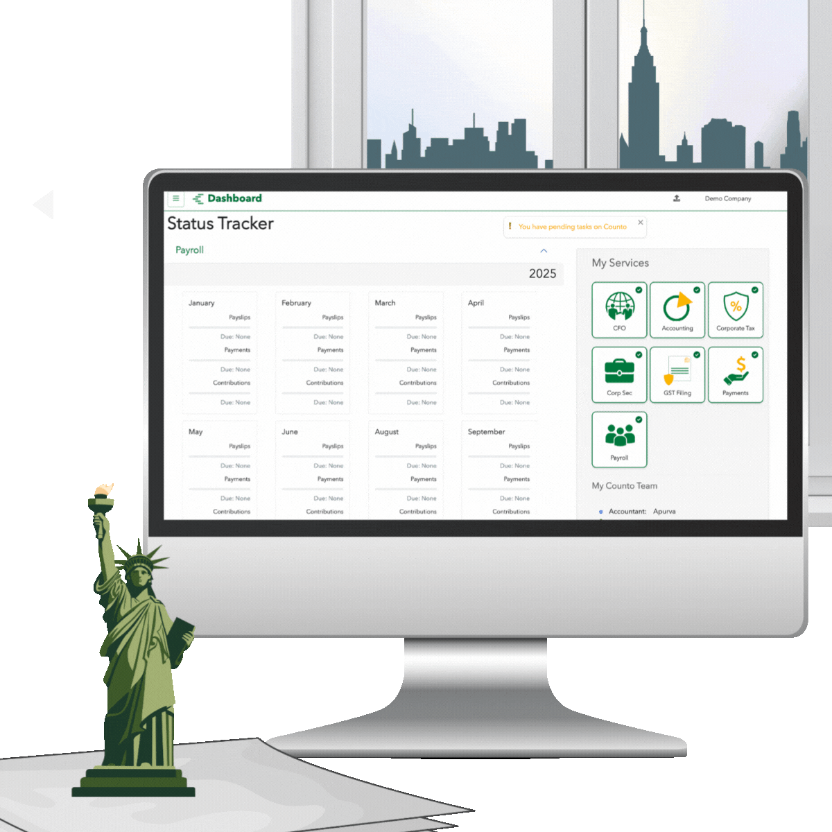 Animated illustration of a computer displaying Counto’s dashboard, with a notification stating a client qualifies for tax credits. The workspace includes a Statue of Liberty paperweight and a city view of New York through the window, representing Counto’s New York-based accounting services