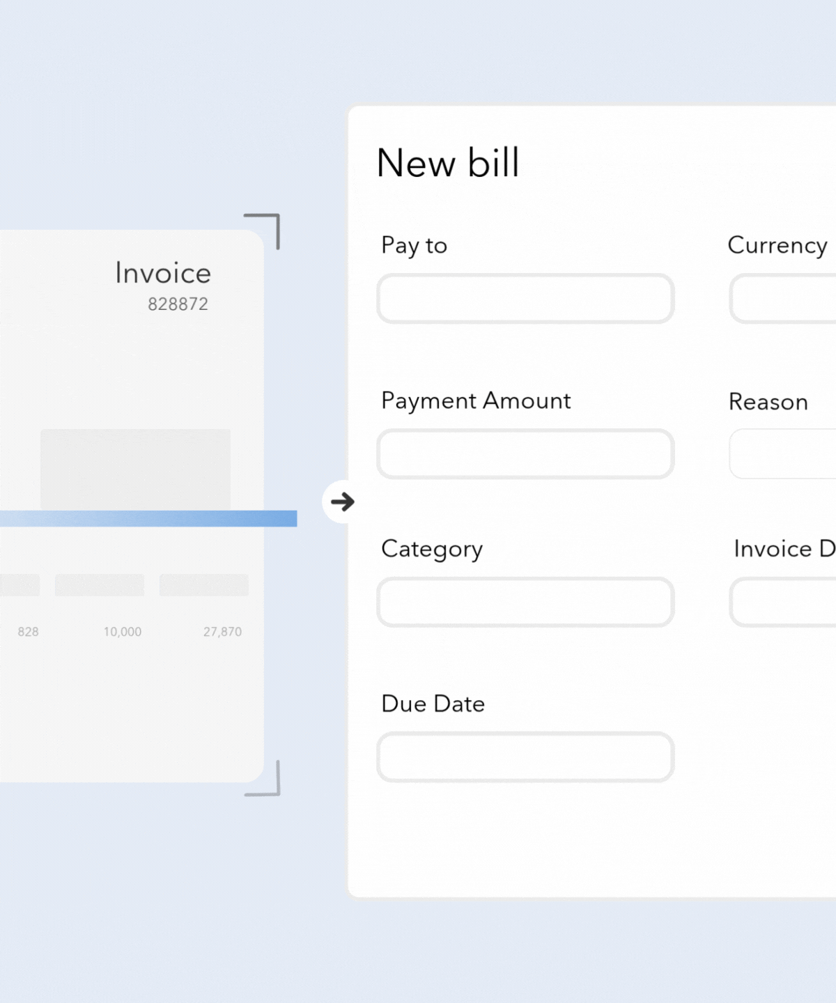 GIF showing automated invoice processing in Counto BillPay. An invoice is extracted and fields like Pay To, Currency, Payment Amount, Category, Invoice Date, Due Date, and Reason are automatically populated in a 'New bill' form.