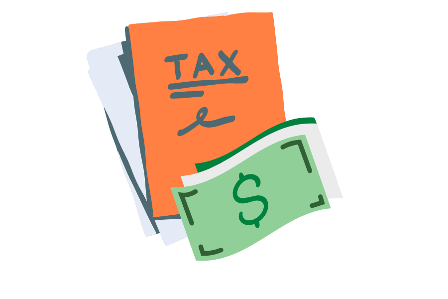 Illustration of tax forms and a US dollar bill representing federal income tax filing for a Texas LLC.