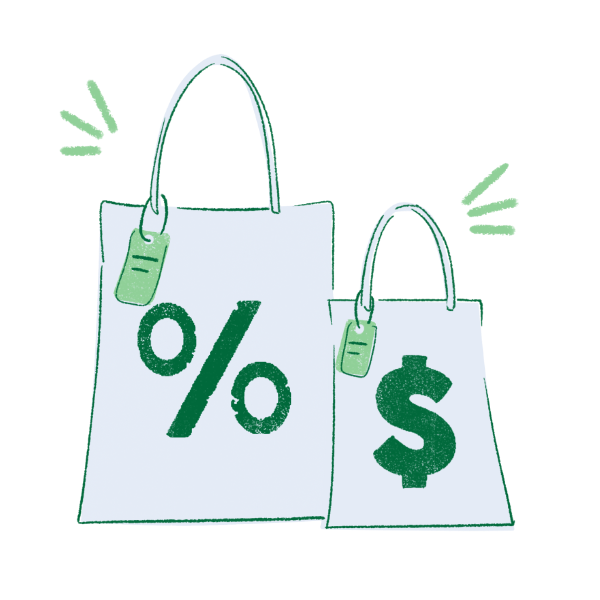 Illustration of shopping bags with tax and dollar signs for the Texas Sales and Use Tax Return Form 01-114 guide.