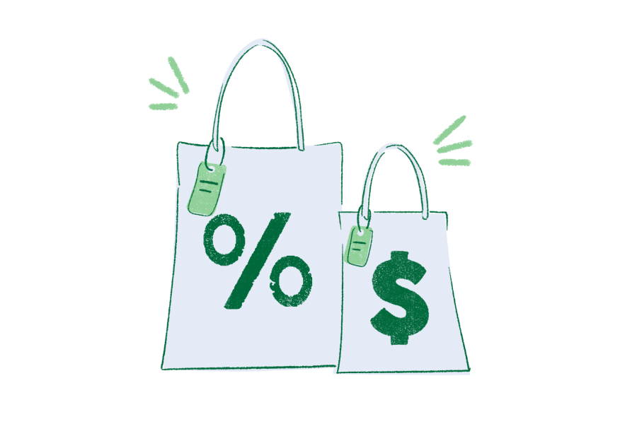 Illustration of shopping bags with tax and dollar signs for the Texas Sales and Use Tax Return Form 01-114 guide.