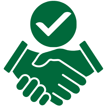 Green handshake icon with a checkmark representing dedicated support from a Counto Customer Success Manager for foreign-owned US companies.