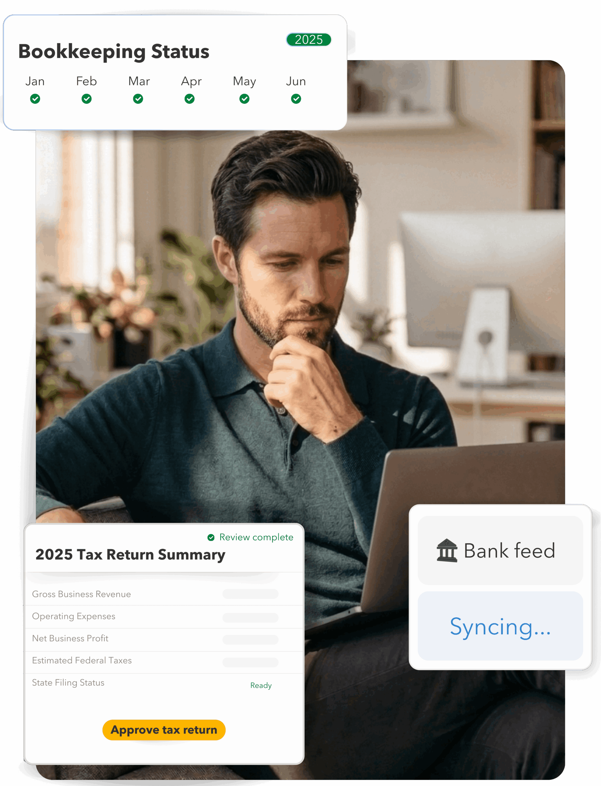 A confident Texas business owner using Counto’s automated accounting platform on a laptop. UI overlays show up-to-date monthly bookkeeping status for 2025, active bank feed syncing via Plaid, and a ready-to-file 2025 Tax Return Summary featuring Net Business Profit and Federal/State filing status.