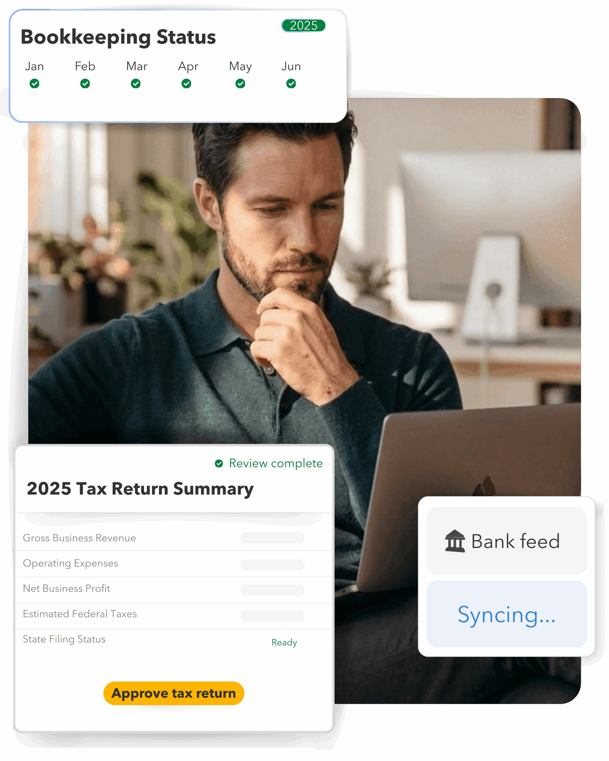 A confident Texas business owner using Counto’s automated accounting platform on a laptop. UI overlays show up-to-date monthly bookkeeping status for 2025, active bank feed syncing via Plaid, and a ready-to-file 2025 Tax Return Summary featuring Net Business Profit and Federal/State filing status.